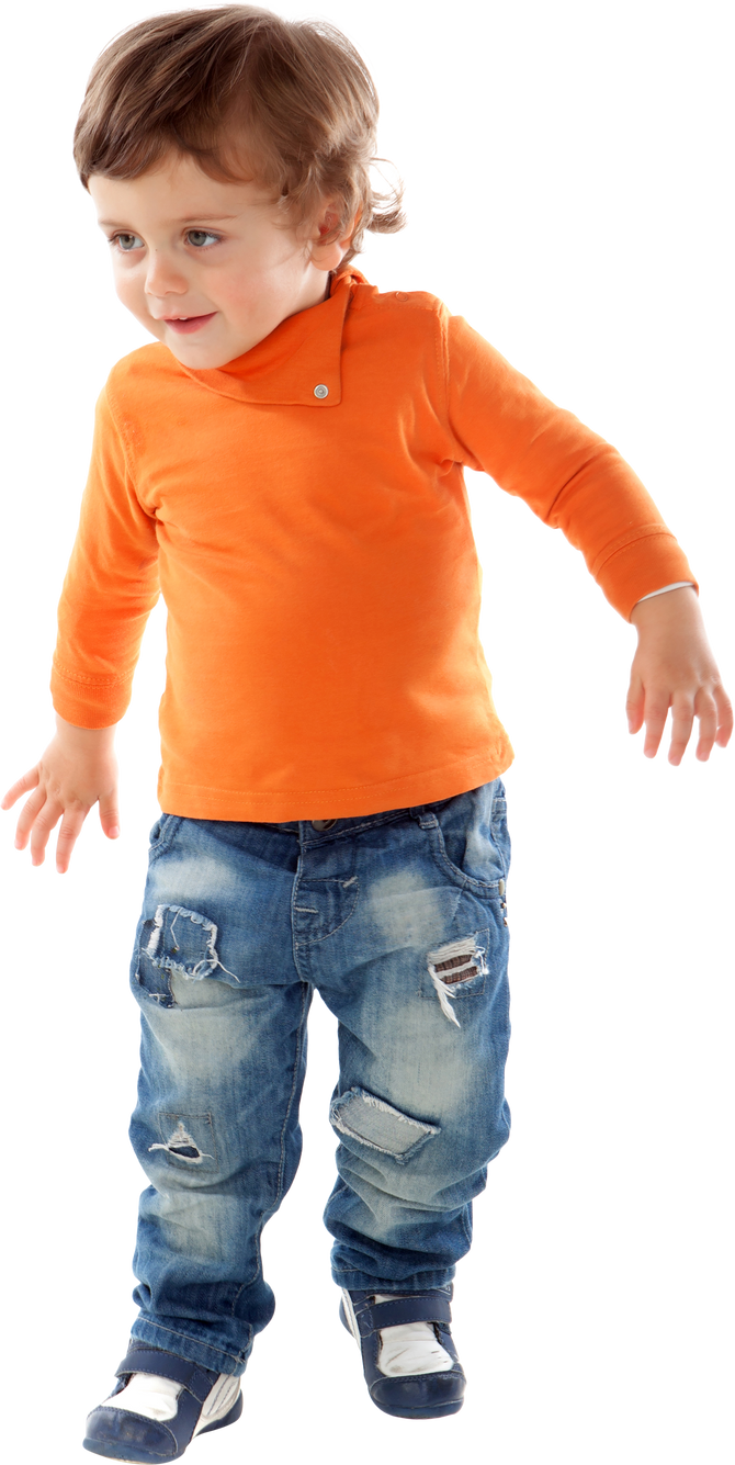 Beautiful Little Child Two Years Old Wearing Jeans and Orange Je